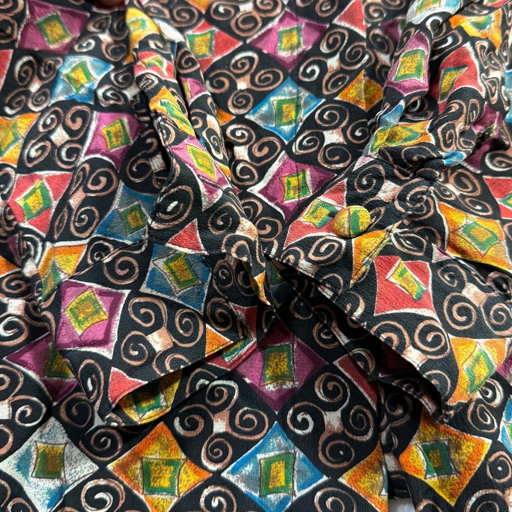 Vintage Tess M Button Up Top 100% Silk Maximalist Artsy Geometric Abstract 90s - Picture 2 of 10